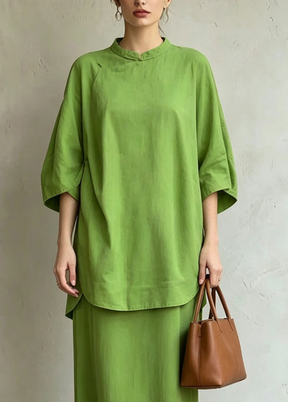 Casual Green Stand Collar Side Open Top And Maxi Skirts Two Pieces Set Half Sleeve