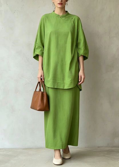Casual Green Stand Collar Side Open Top And Maxi Skirts Two Pieces Set Half Sleeve