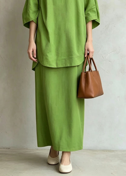 Casual Green Stand Collar Side Open Top And Maxi Skirts Two Pieces Set Half Sleeve