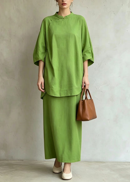Casual Green Stand Collar Side Open Top And Maxi Skirts Two Pieces Set Half Sleeve