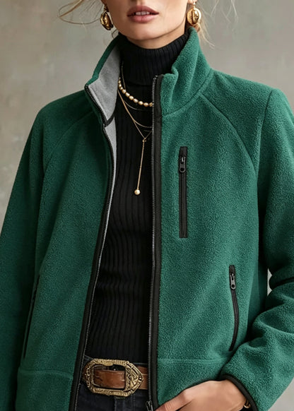 Casual Green Stand Collar Zippered Patchwork Coat Long Sleeve