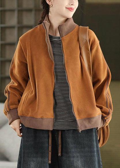 Casual Green Stand Collar Zippered Striped Patchwork Thick Coats Fall