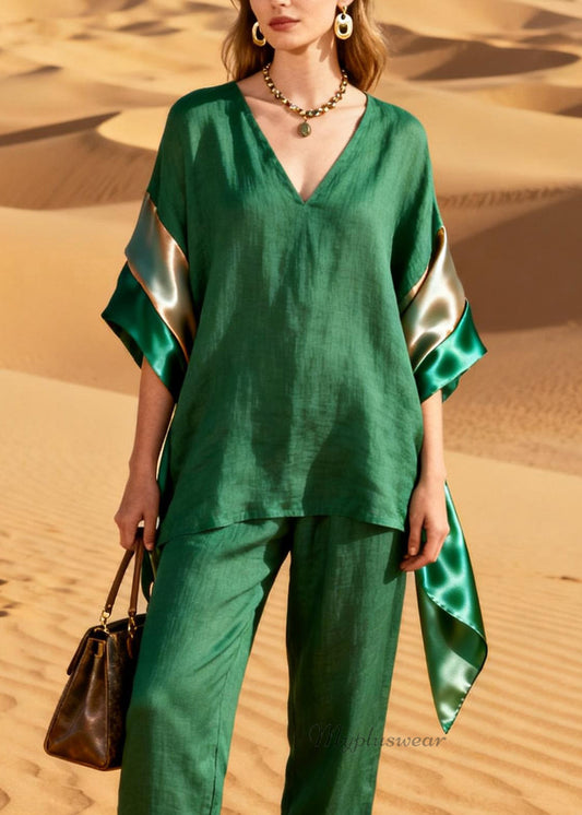 Casual Green Top And Pants Patchwork Linen Silk Two Pieces Set Summer