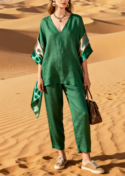 Casual Green Top And Pants Patchwork Linen Silk Two Pieces Set Summer