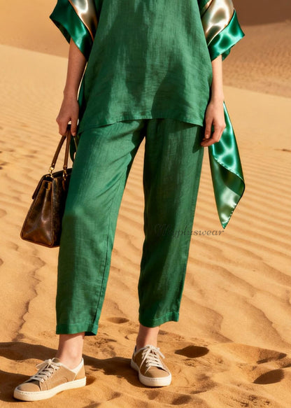 Casual Green Top And Pants Patchwork Linen Silk Two Pieces Set Summer