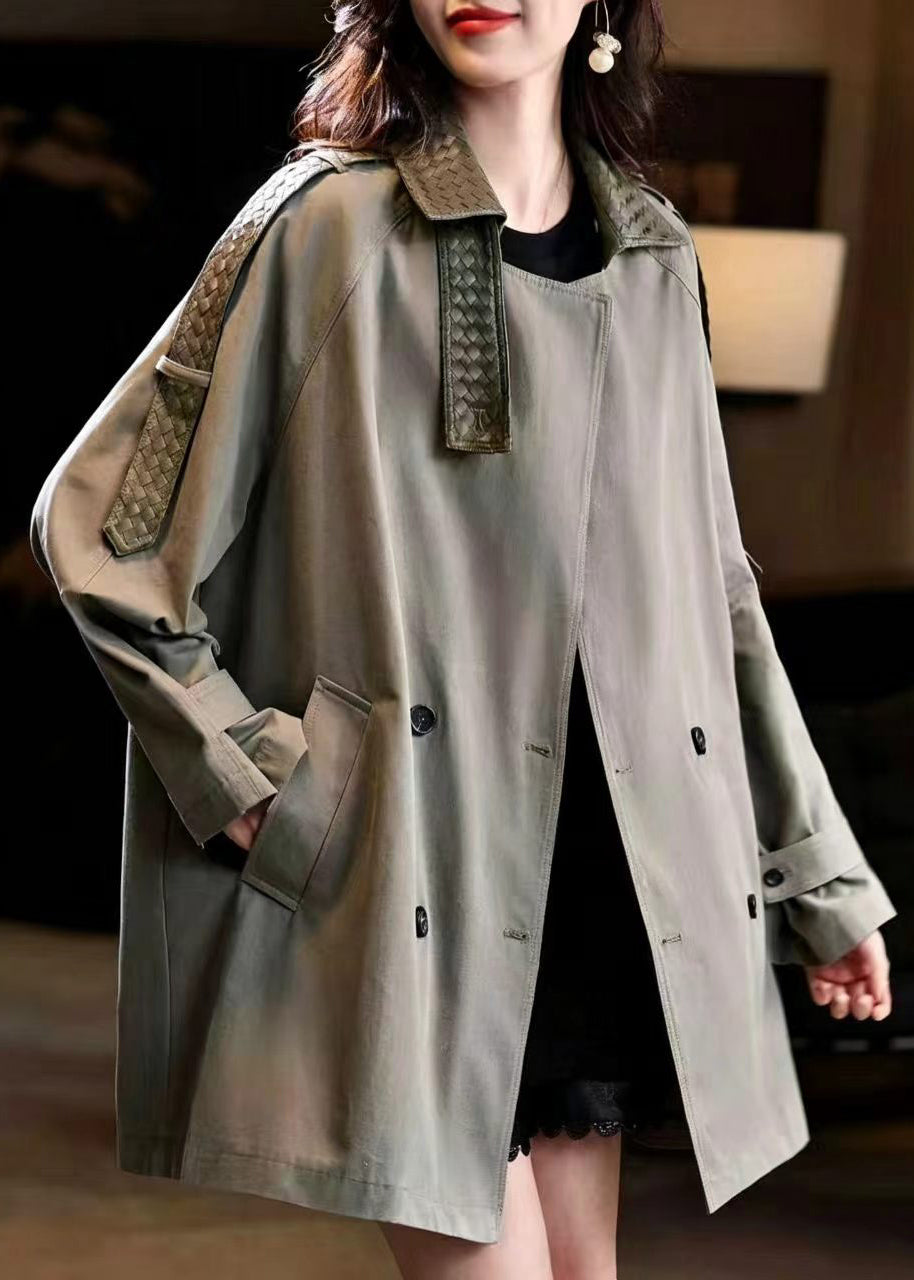 Casual Green Turn-Down Collar Patchwork Woven Faux Leather Coat Outwear Fall