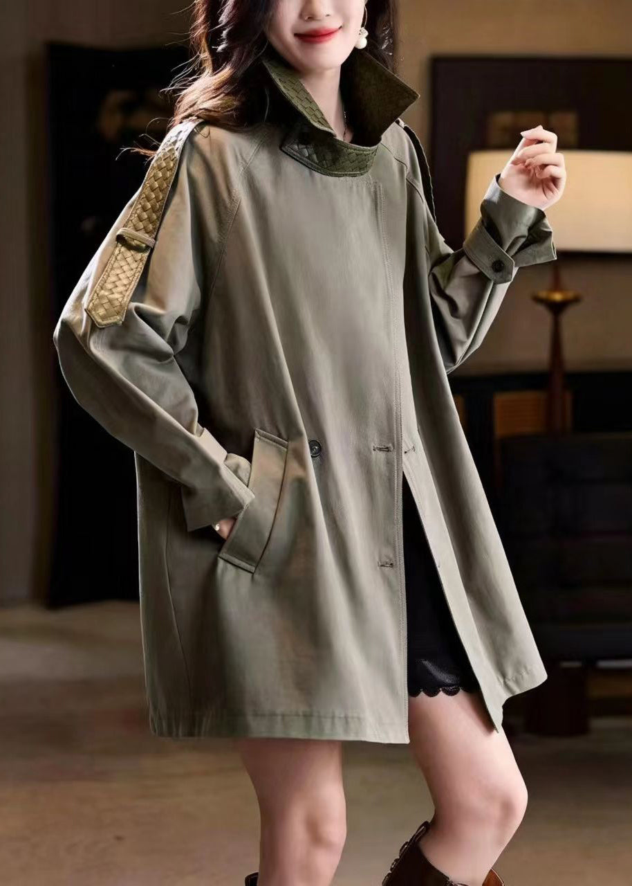 Casual Green Turn-Down Collar Patchwork Woven Faux Leather Coat Outwear Fall