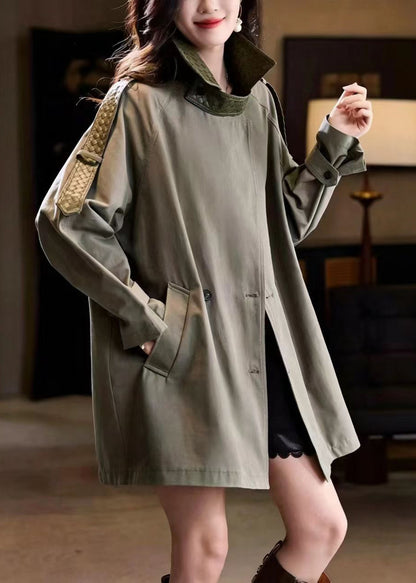 Casual Green Turn-Down Collar Patchwork Woven Faux Leather Coat Outwear Fall