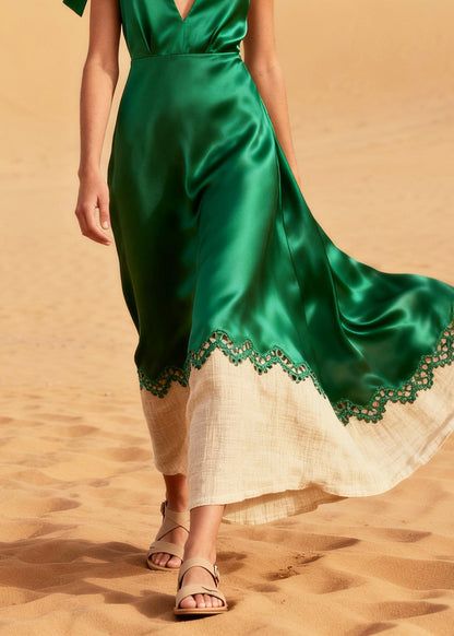 Casual Green V Neck Patchwork Linen Silk Ankle Dress Summer