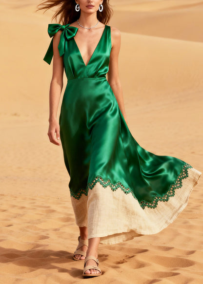 Casual Green V Neck Patchwork Linen Silk Ankle Dress Summer