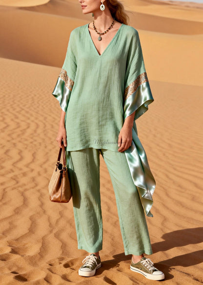 Casual Green V Neck Patchwork Linen Silk Two Pieces Set Summer
