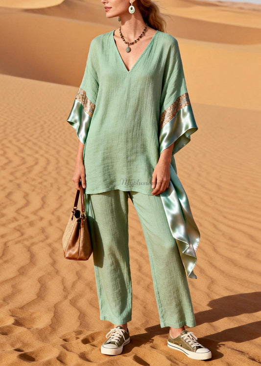 Casual Green V Neck Patchwork Linen Silk Two Pieces Set Summer