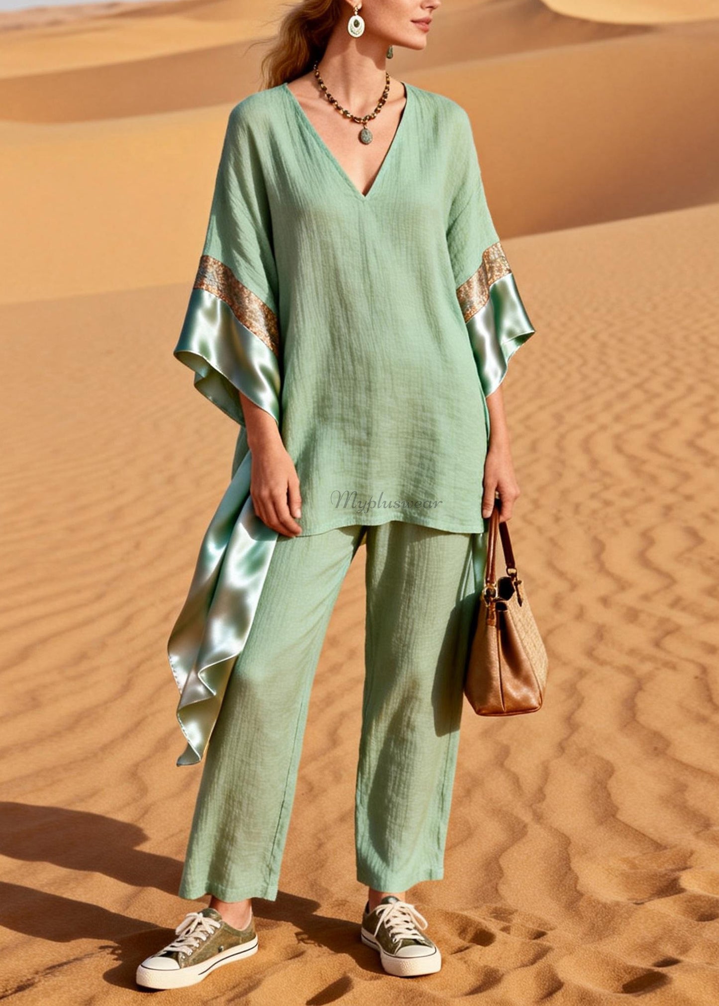 Casual Green V Neck Patchwork Linen Silk Two Pieces Set Summer