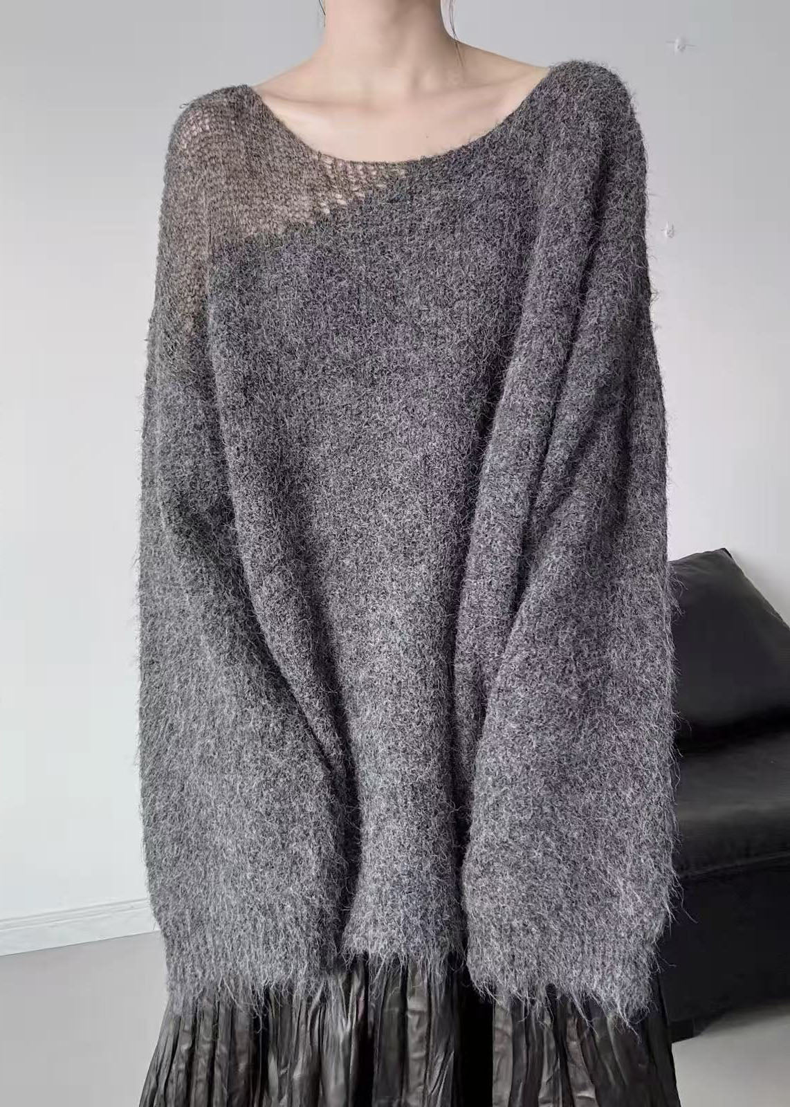 Casual Grey Asymmetrical Hollow Out Knit Sweater Winter