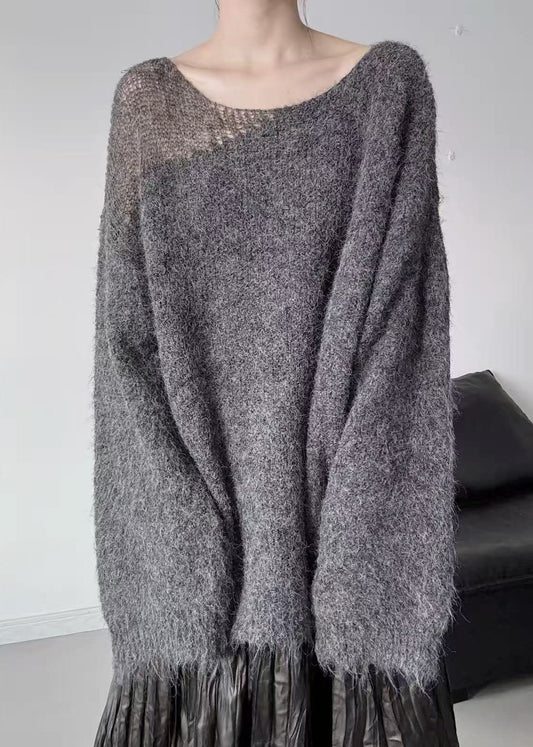 Casual Grey Asymmetrical Hollow Out Knit Sweater Winter