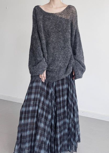 Casual Grey Asymmetrical Hollow Out Knit Sweater Winter