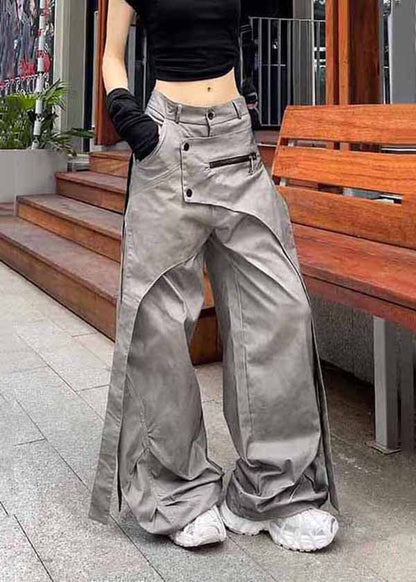 Casual Grey Asymmetrical Pockets Patchwork Cotton Pants Spring