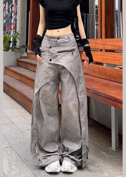 Casual Grey Asymmetrical Pockets Patchwork Cotton Pants Spring