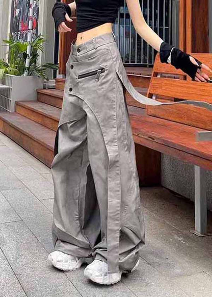 Casual Grey Asymmetrical Pockets Patchwork Cotton Pants Spring