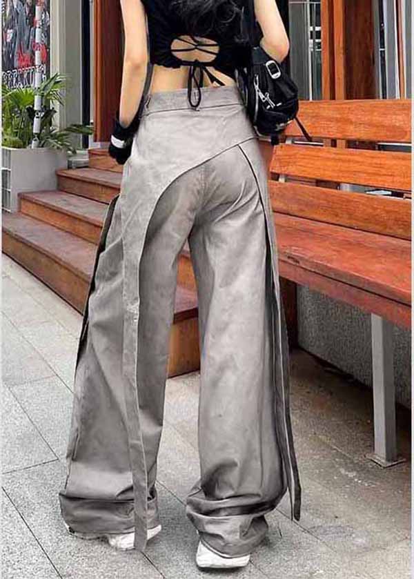 Casual Grey Asymmetrical Pockets Patchwork Cotton Pants Spring