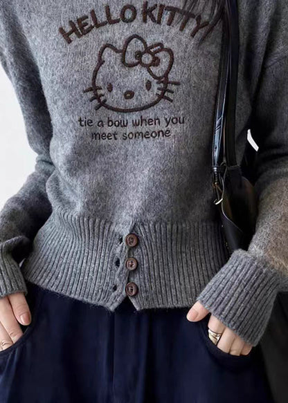 Casual Grey Cartoon Print Cotton Knit Sweater Spring