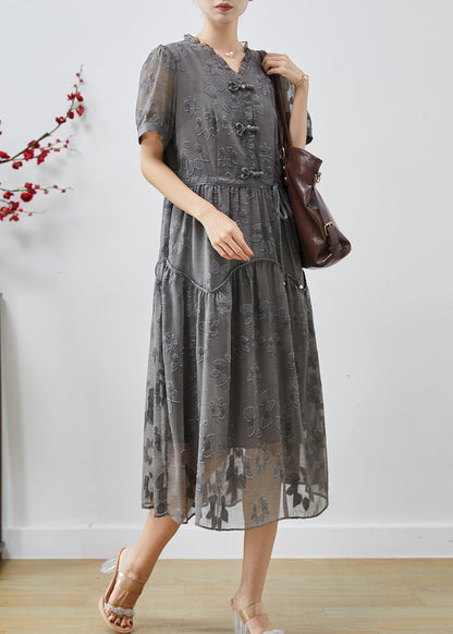 Casual Grey Cinched Jacquard Chiffon Dress Summer