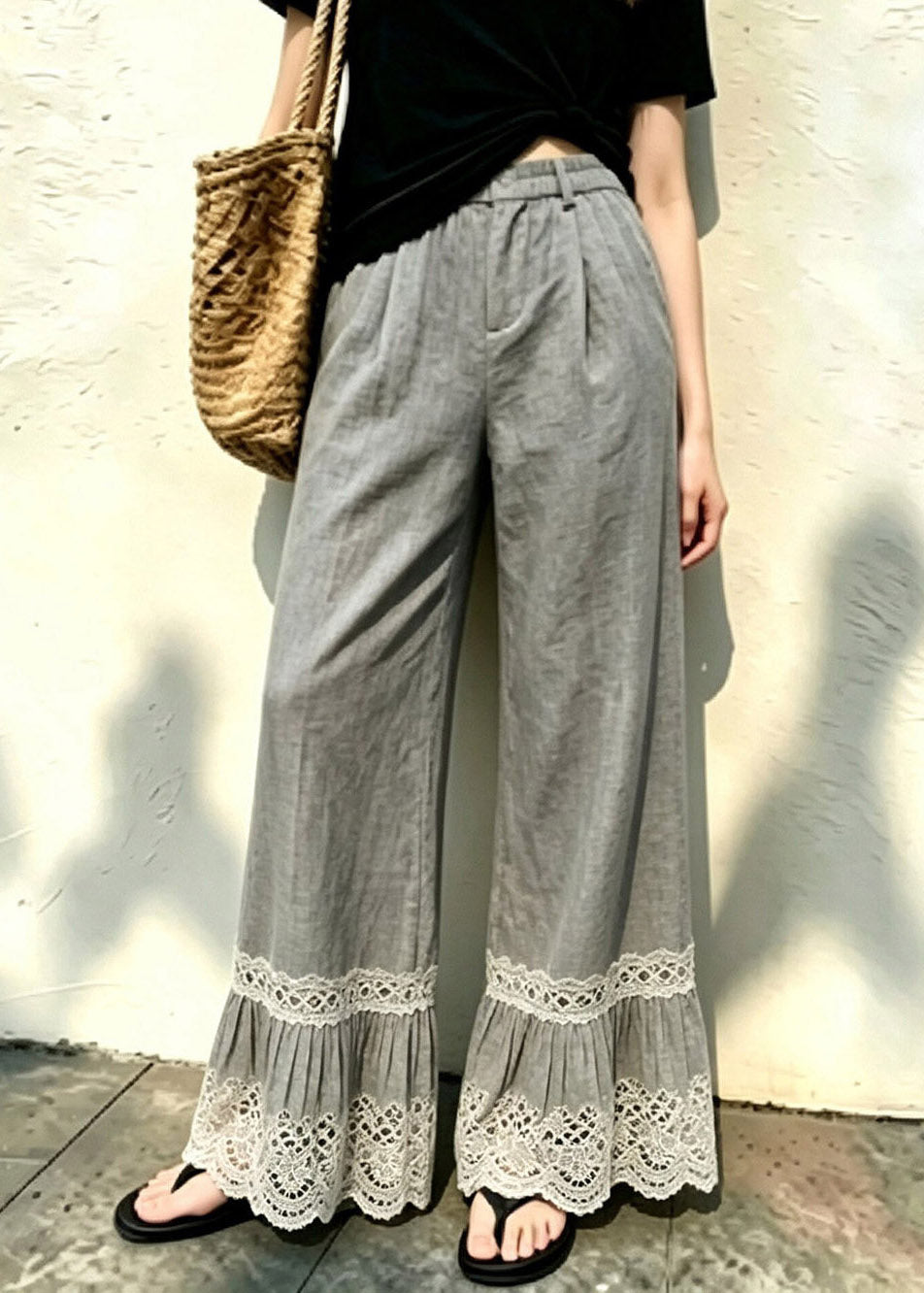 Casual Grey Elastic Waist Solid Wide Leg Pants Fall