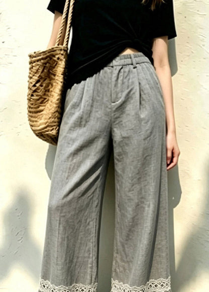 Casual Grey Elastic Waist Solid Wide Leg Pants Fall