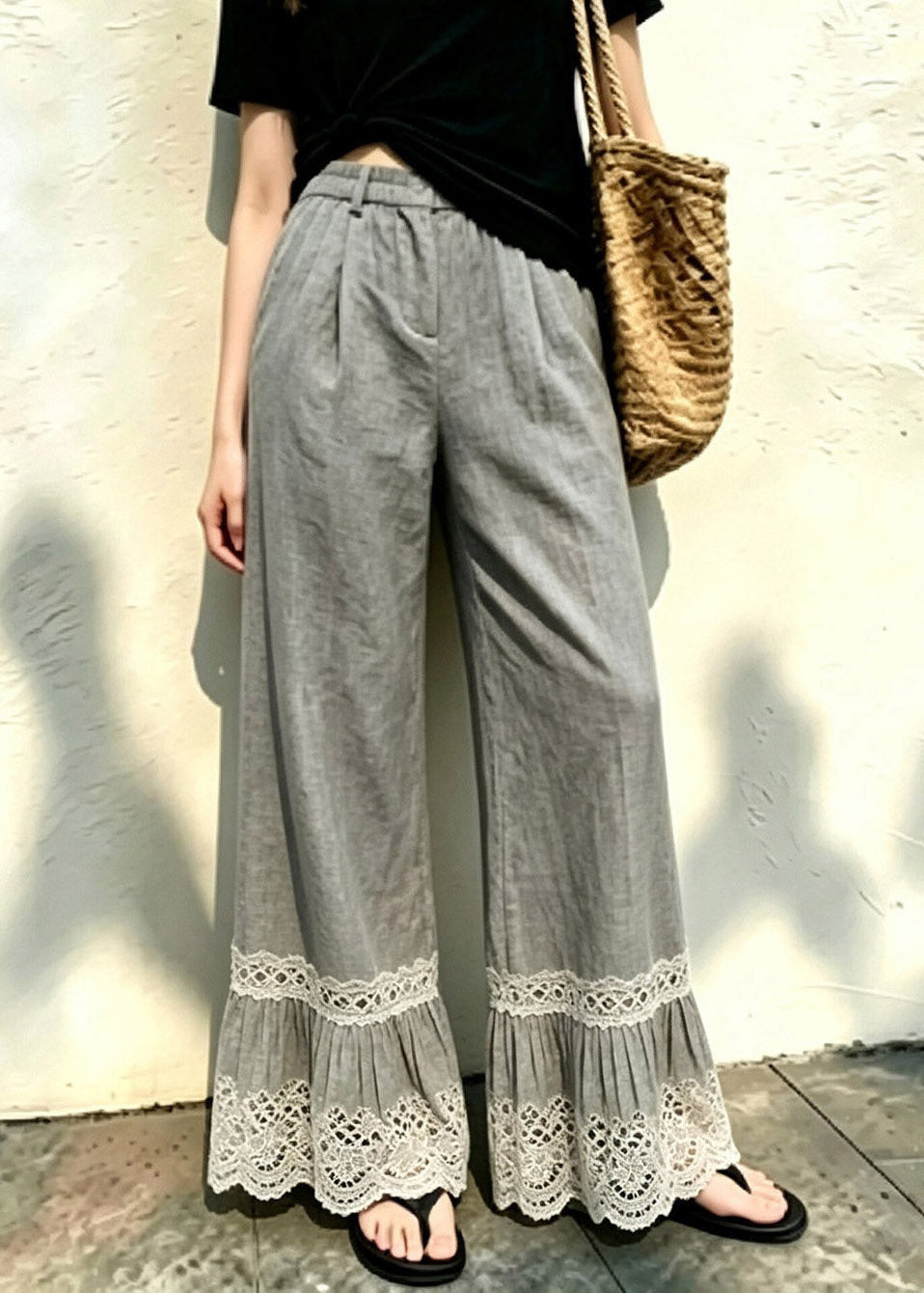 Casual Grey Elastic Waist Solid Wide Leg Pants Fall