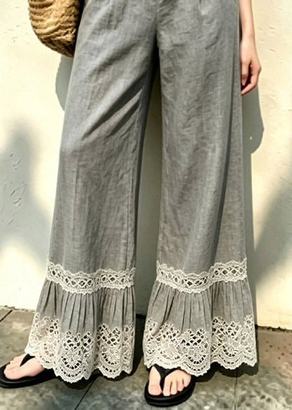 Casual Grey Elastic Waist Solid Wide Leg Pants Fall
