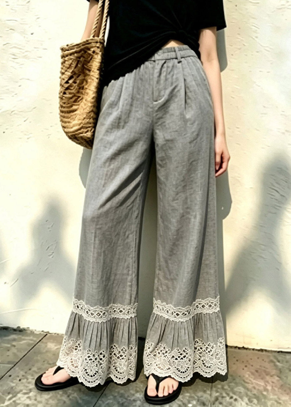 Casual Grey Elastic Waist Solid Wide Leg Pants Fall