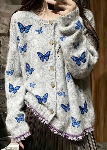 Casual Grey Embroidered Butterfly Mink Hair Knitted Cardigans Fall