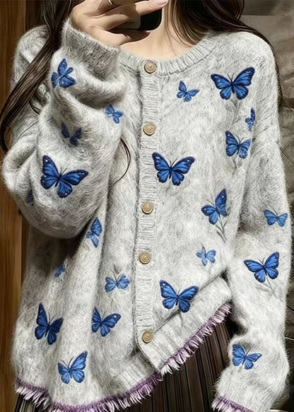 Casual Grey Embroidered Butterfly Mink Hair Knitted Cardigans Fall