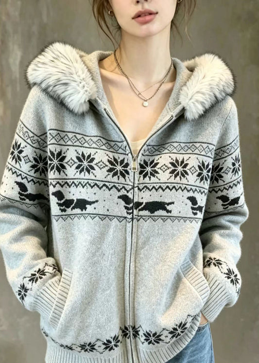 Casual Grey Fair Isle Faux Fur Trim Hooded Double Zip Knit Cardigan Fall