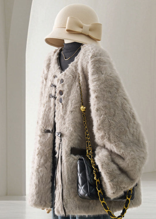 Casual Grey Faux Leather And Fur Winter Coat