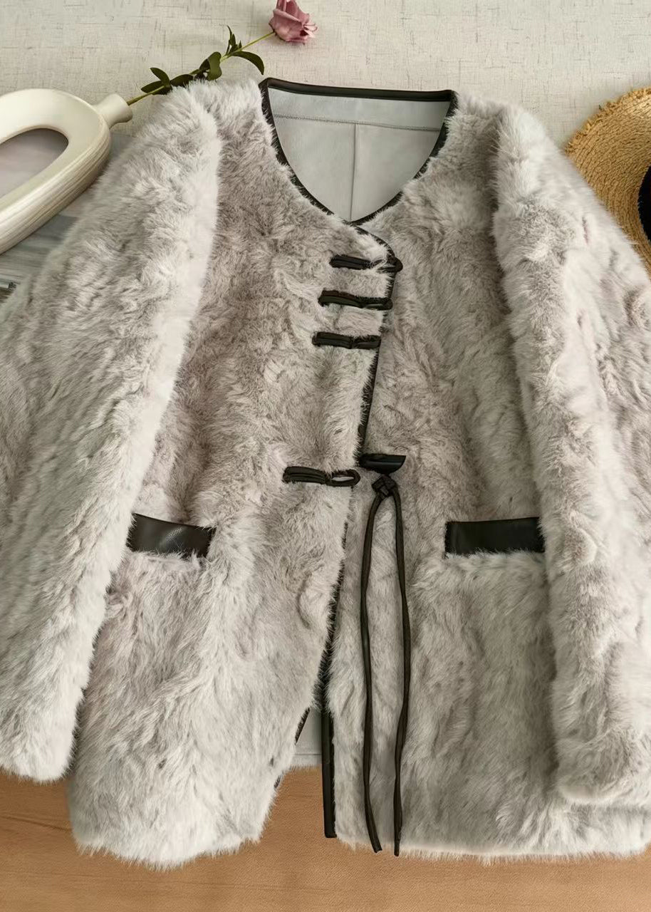 Casual Grey Faux Leather And Fur Winter Coat