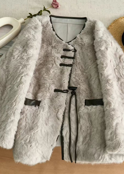 Casual Grey Faux Leather And Fur Winter Coat