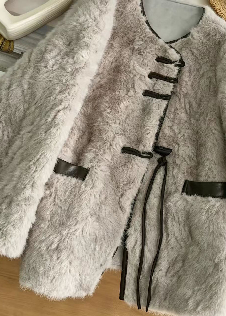 Casual Grey Faux Leather And Fur Winter Coat
