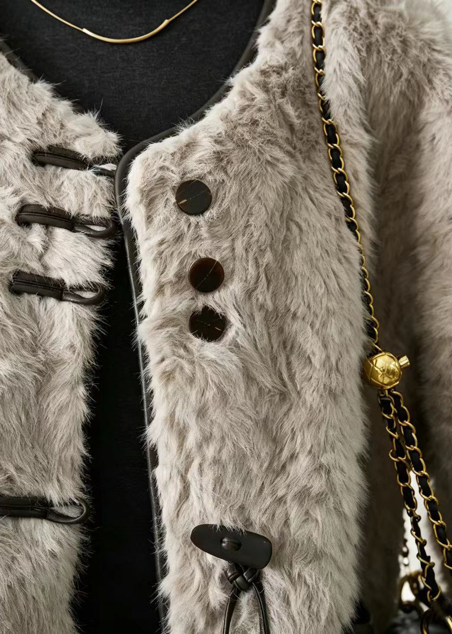Casual Grey Faux Leather And Fur Winter Coat