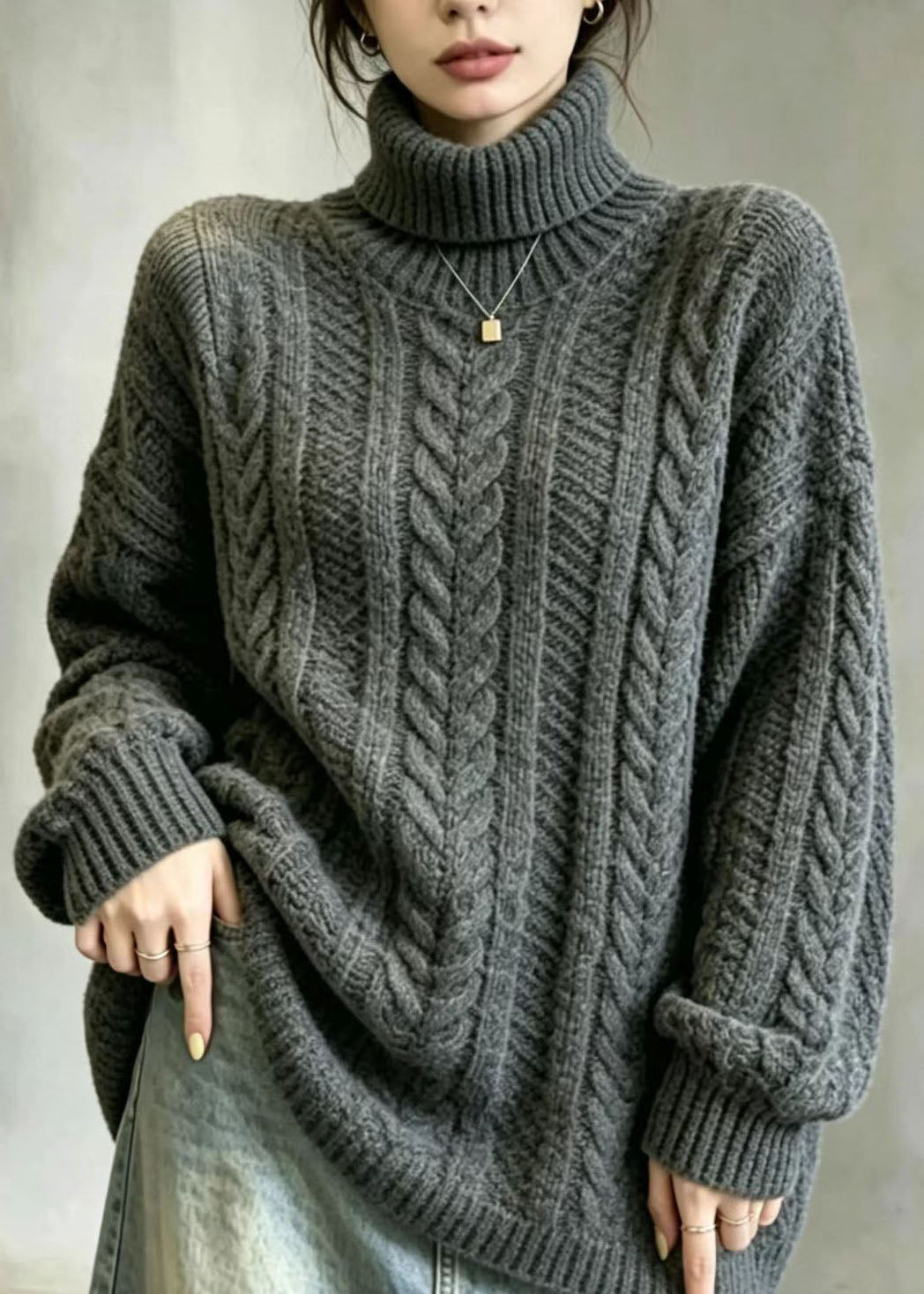 Casual Grey Hign Neck Oversized Cable Knit Pullover Long Sleeve