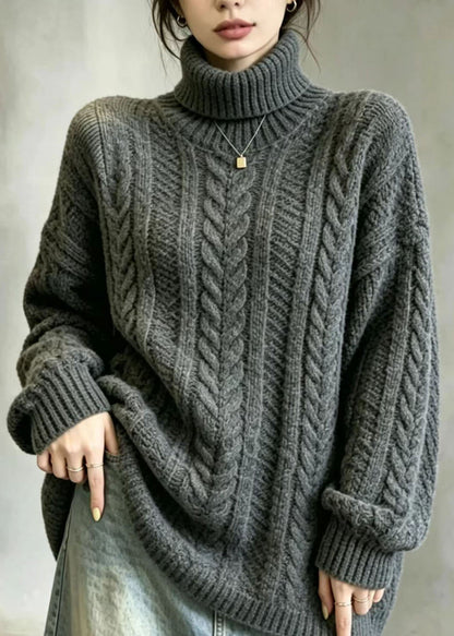 Casual Grey Hign Neck Oversized Cable Knit Pullover Long Sleeve
