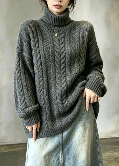 Casual Grey Hign Neck Oversized Cable Knit Pullover Long Sleeve