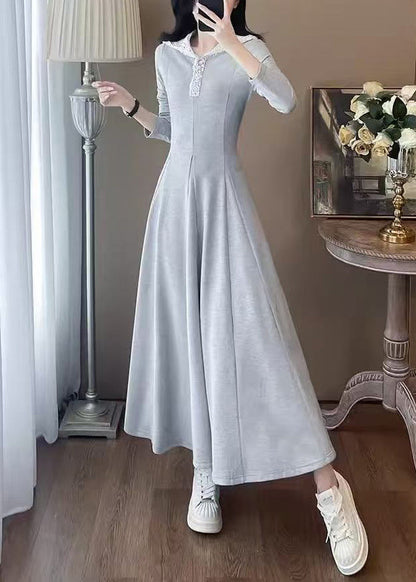 Casual Grey Hooded Patchwork Cotton Long Dress Spring