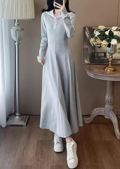 Casual Grey Hooded Patchwork Cotton Long Dress Spring