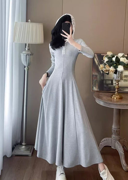 Casual Grey Hooded Patchwork Cotton Long Dress Spring