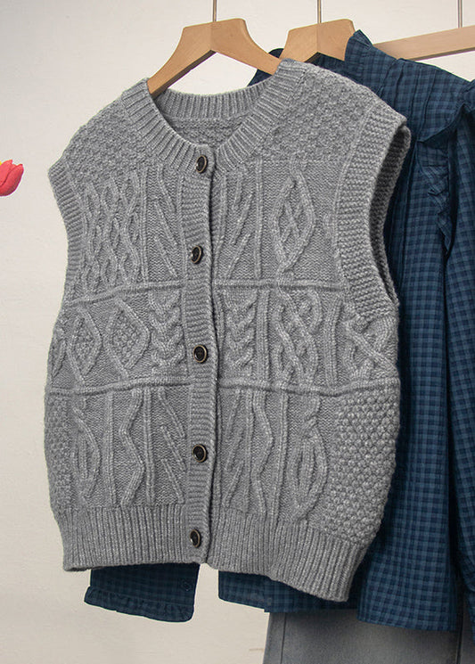 Casual Grey O Neck Button Knit Vest Tops Sleeveless