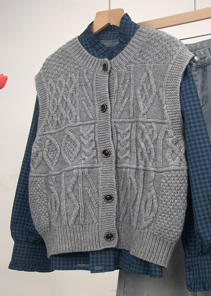 Casual Grey O Neck Button Knit Vest Tops Sleeveless