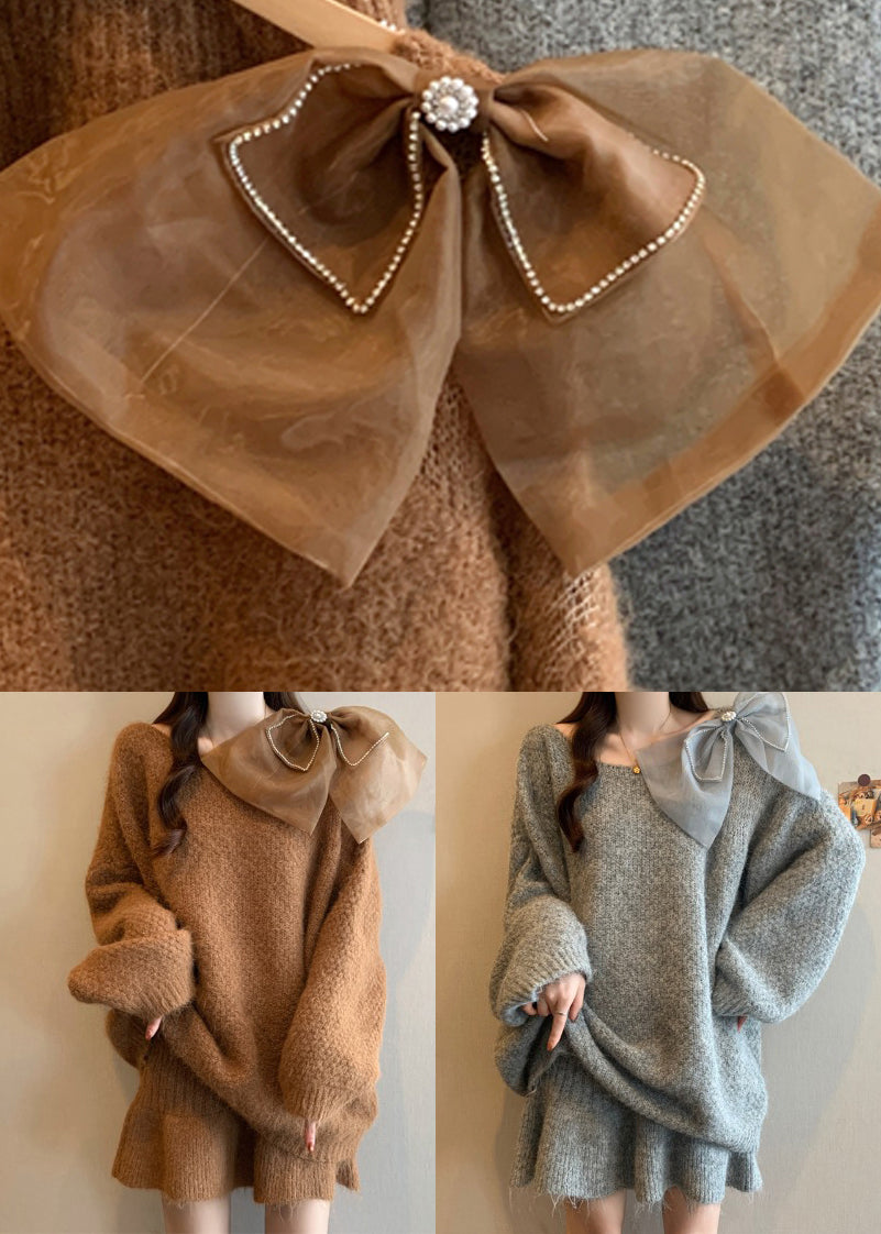 Casual Grey O-Neck Cotton Knit Sweaters And Skirts Two Piece Set Winter