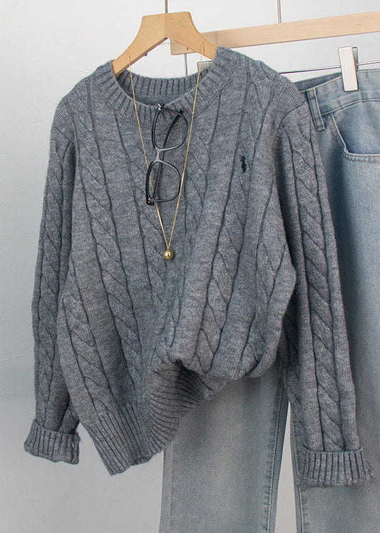 Casual Grey O-Neck Embroidered Knitted Sweaters Spring