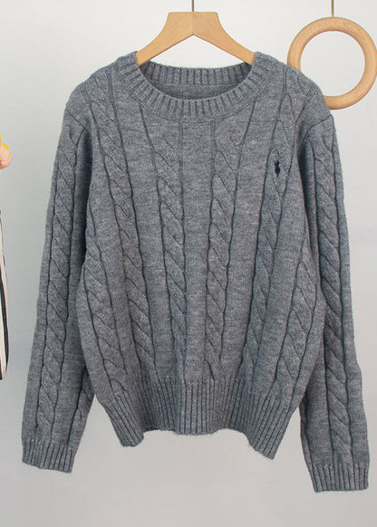 Casual Grey O-Neck Embroidered Knitted Sweaters Spring
